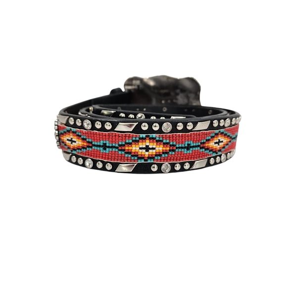 ARIAT BEADED WESTERN LEATHER BELT WITH BUCKLE - Picture 2 of 15